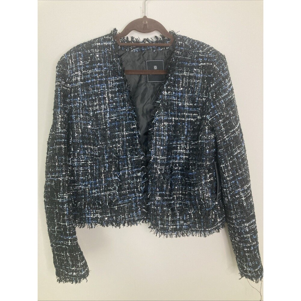 Bagatelle collection Women’s Tweed Blazer New L Blue Black Fringe Pockets